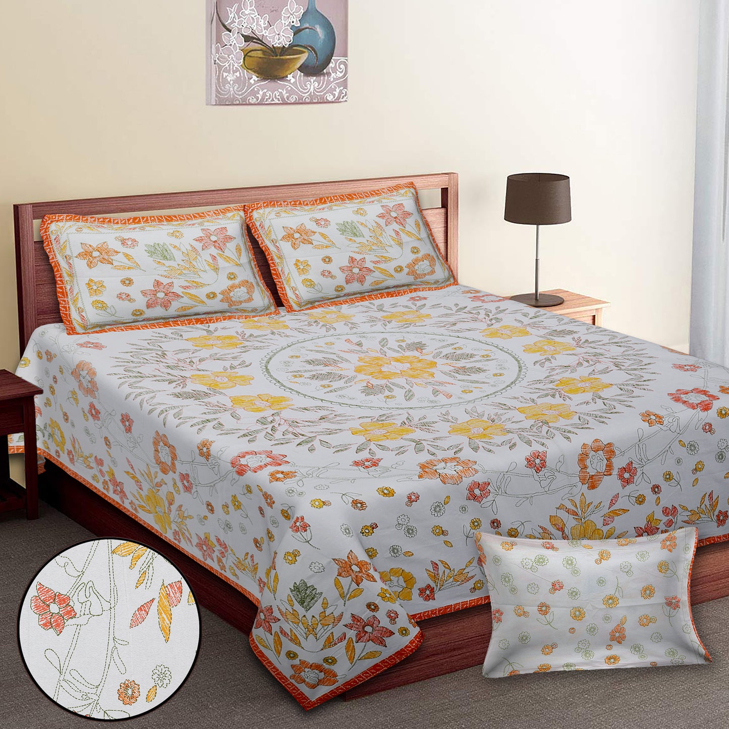 108/108 Artistic Collection 100% Cotton Jumbo Size Double Bedsheet with 2 Pillow Covers, Unique Patterns & Smooth Texture - HLB71