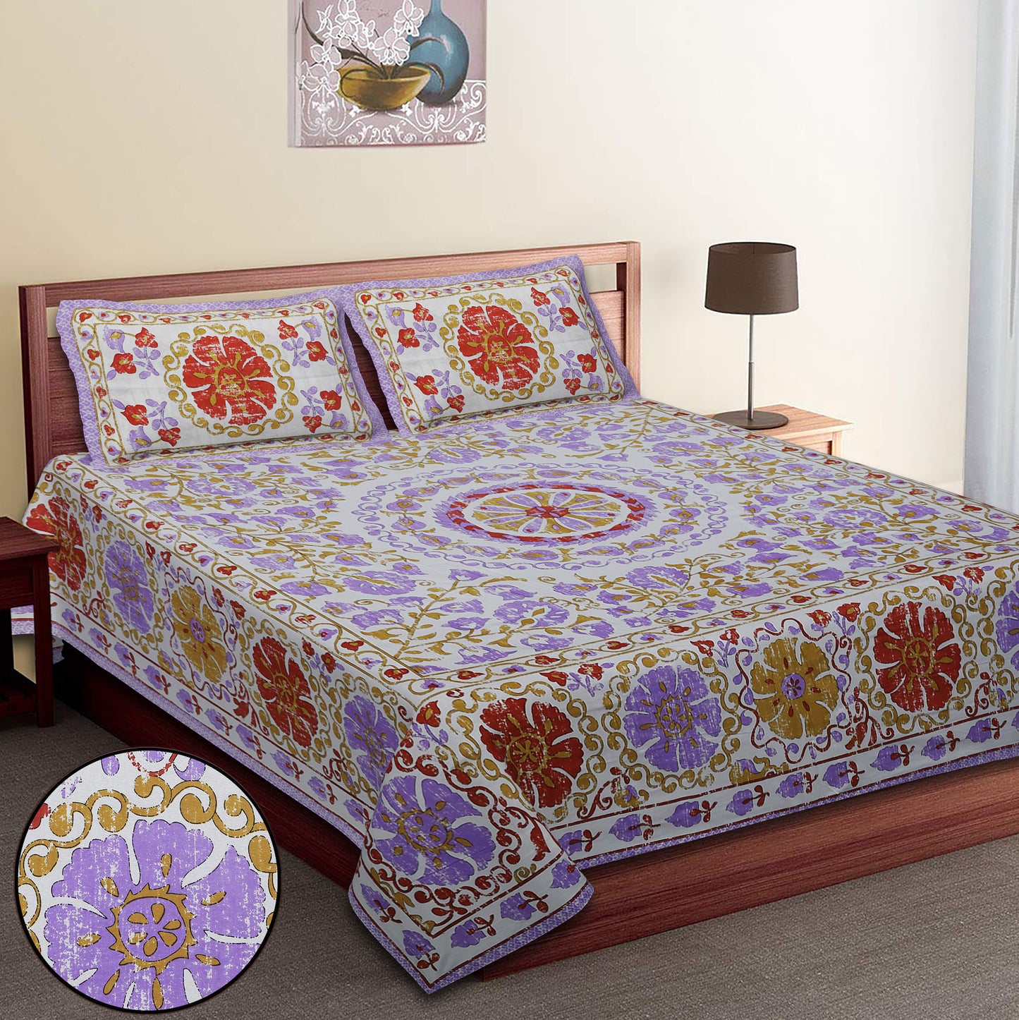 108/108 Artistic Collection 100% Cotton Jumbo Size Double Bedsheet with 2 Pillow Covers, Unique Patterns & Smooth Texture - HLB71