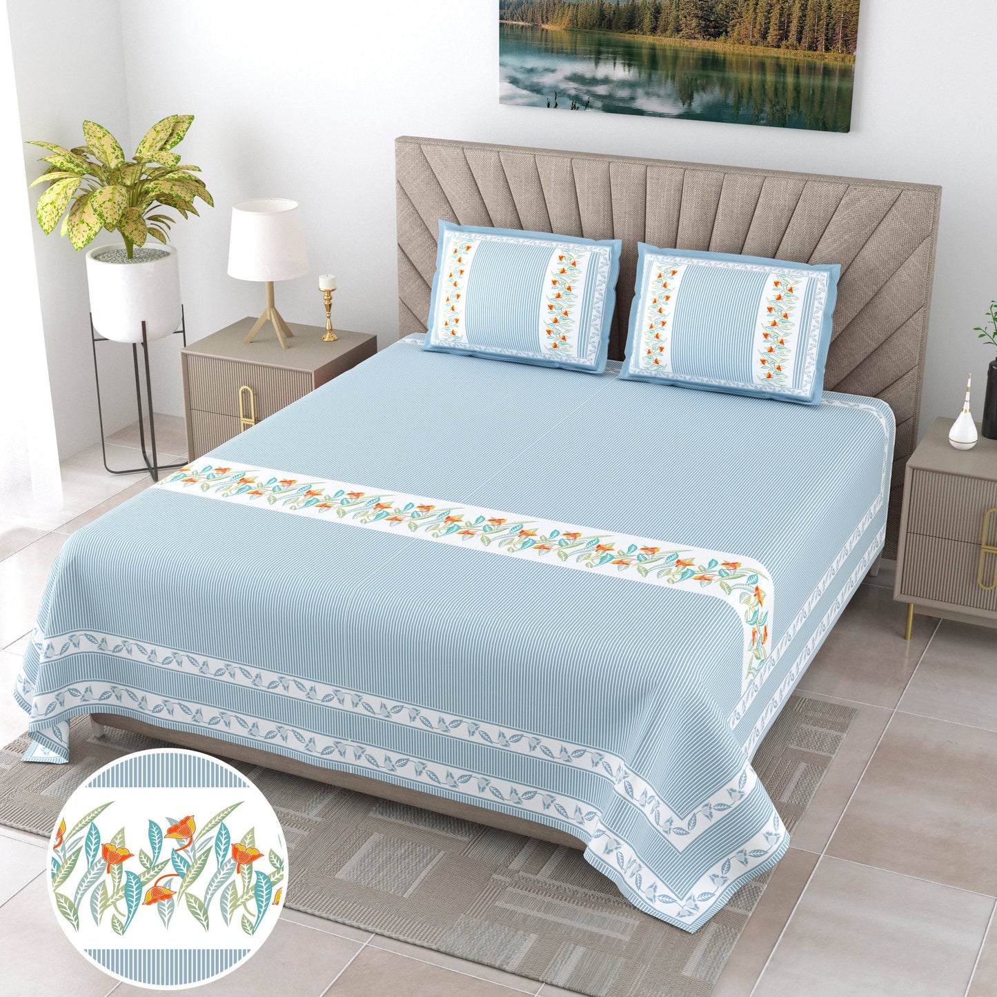 108/108 G-20 100% Cotton Jumbo Size Double Bedsheet with 2 Pillow Covers, Soft Texture & Breathable Fabric - HLB67