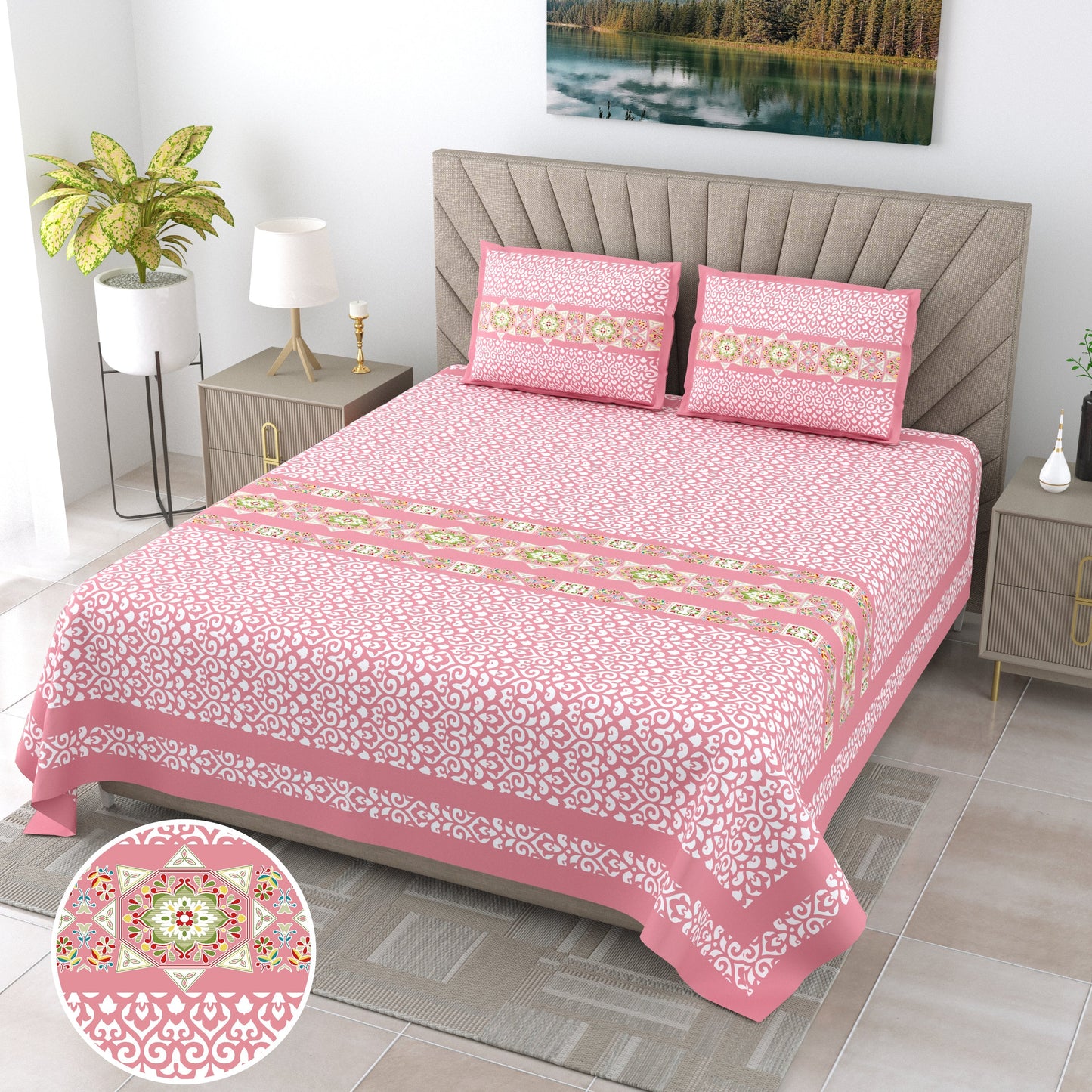 108/108 G-20 100% Cotton Jumbo Size Double Bedsheet with 2 Pillow Covers, Soft Texture & Breathable Fabric - HLB67