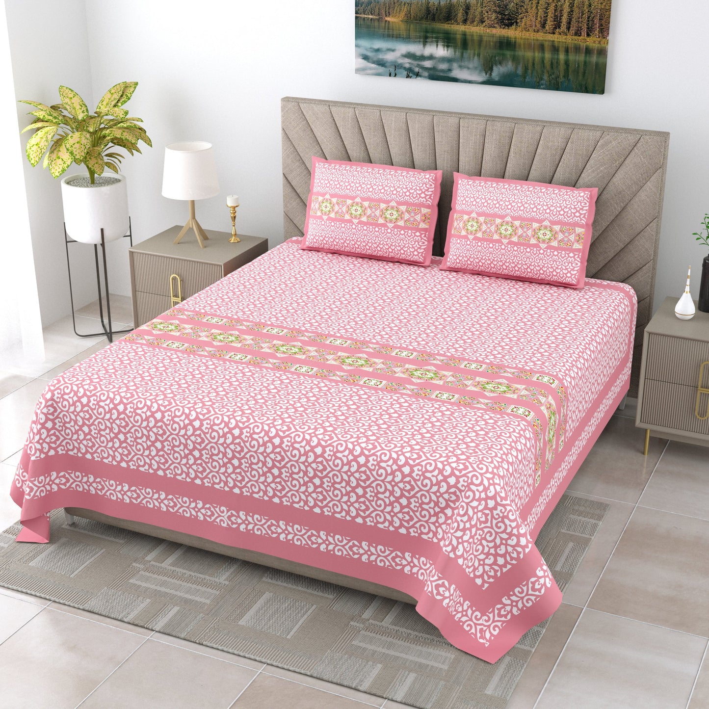 108/108 G-20 100% Cotton Jumbo Size Double Bedsheet with 2 Pillow Covers, Soft Texture & Breathable Fabric - HLB67