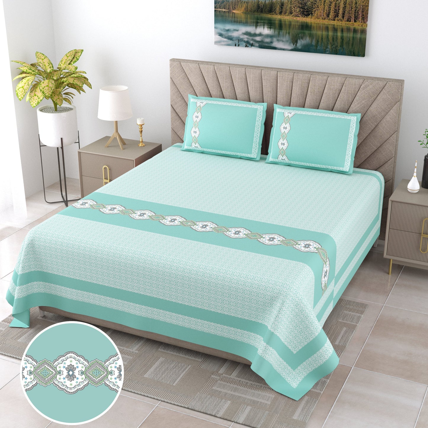 108/108 G-20 100% Cotton Jumbo Size Double Bedsheet with 2 Pillow Covers, Soft Texture & Breathable Fabric - HLB67