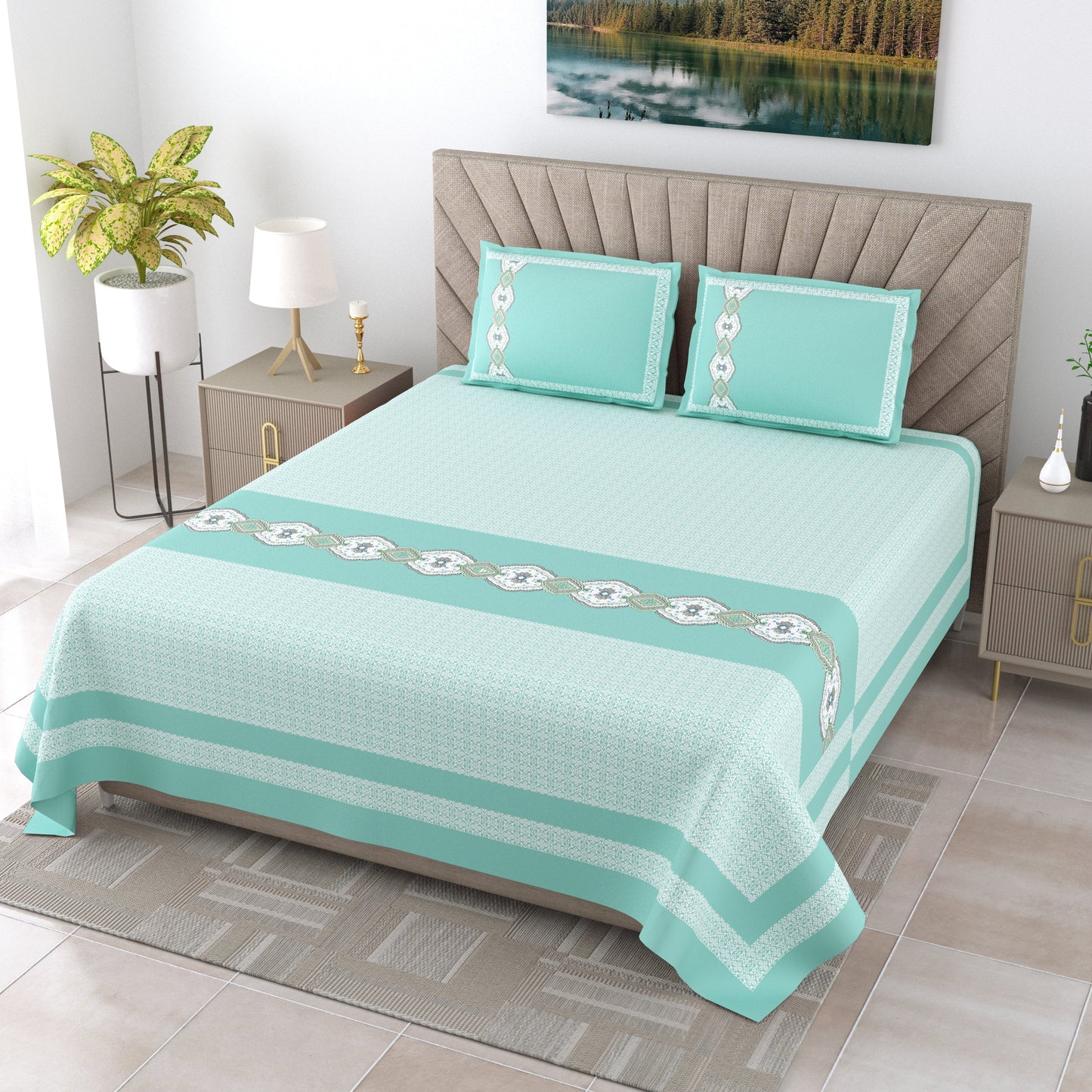 108/108 G-20 100% Cotton Jumbo Size Double Bedsheet with 2 Pillow Covers, Soft Texture & Breathable Fabric - HLB67