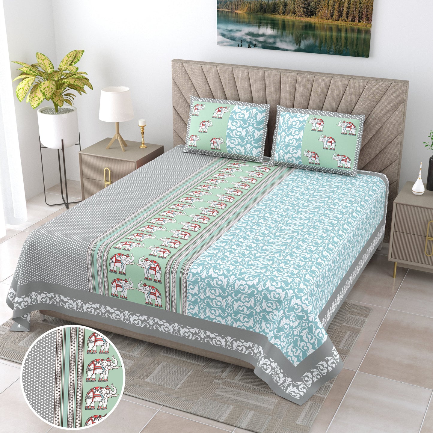 108/108 G-20 100% Cotton Jumbo Size Double Bedsheet with 2 Pillow Covers, Soft Texture & Breathable Fabric - HLB67