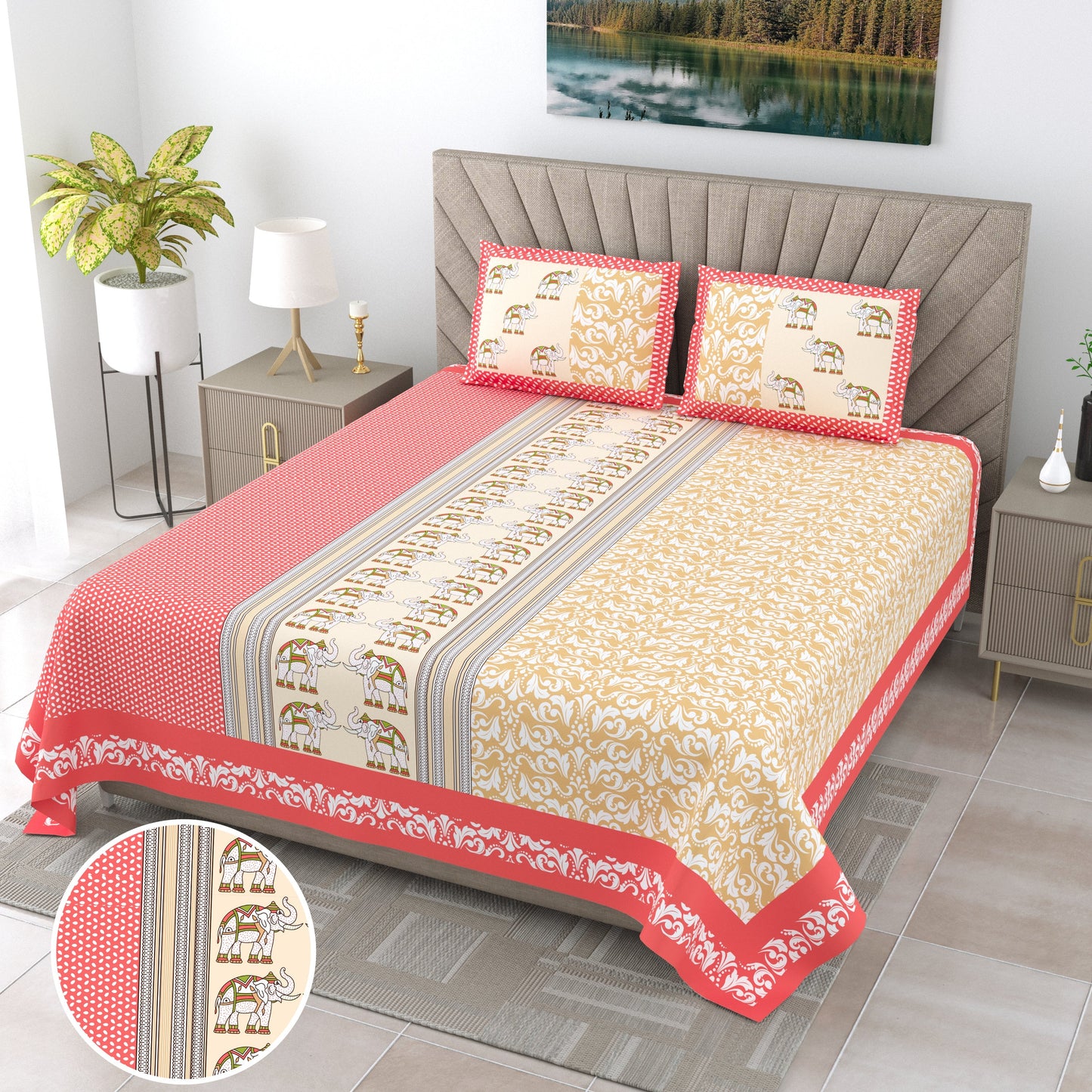 108/108 G-20 100% Cotton Jumbo Size Double Bedsheet with 2 Pillow Covers, Soft Texture & Breathable Fabric - HLB67