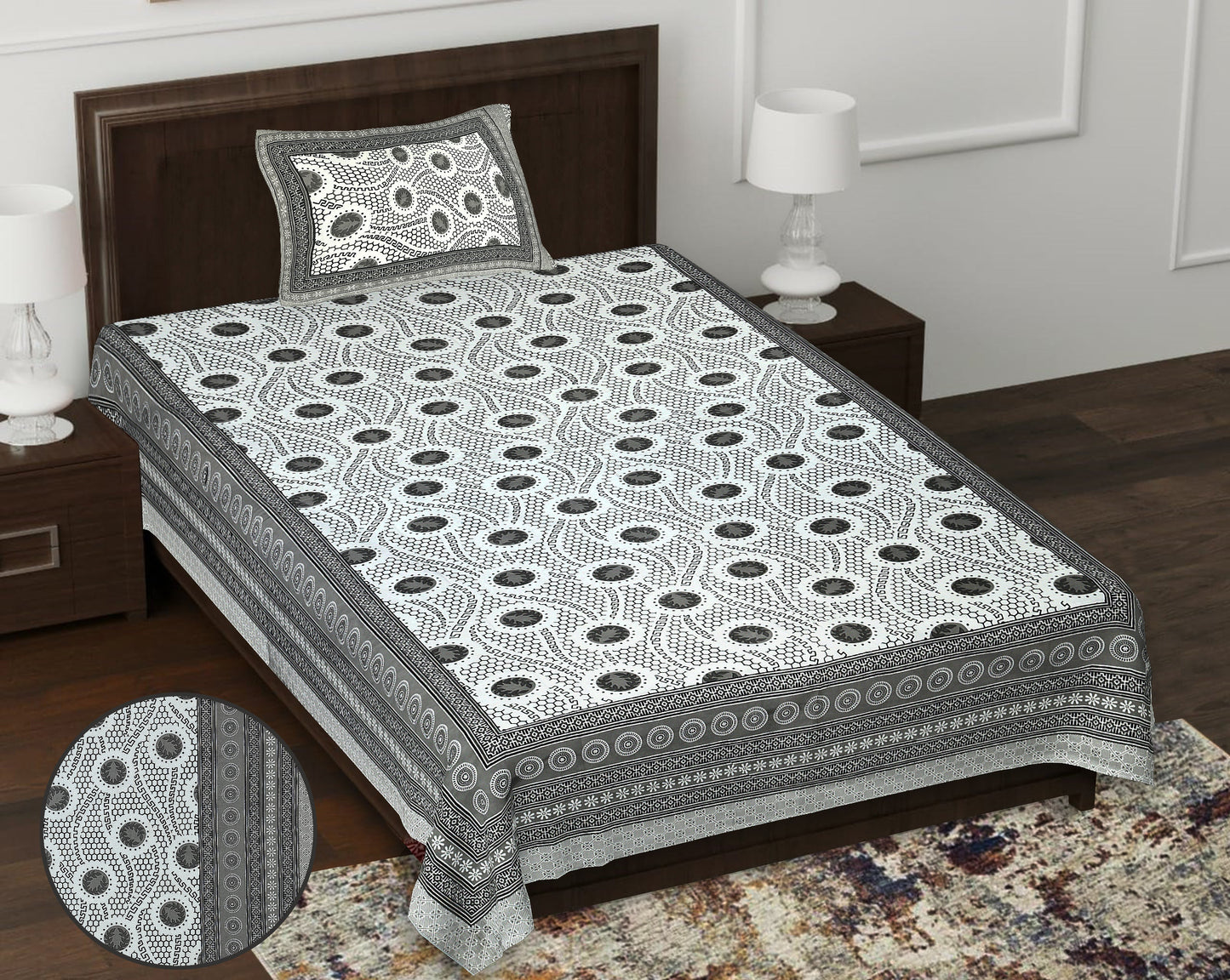 63" Geometrical 100% Cotton Single Bedsheet with 1 Pillow Cover, Stylish & Comfortable - HLB07