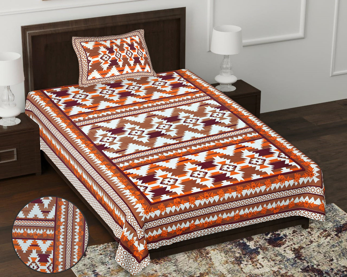 63" Geometrical 100% Cotton Single Bedsheet with 1 Pillow Cover, Stylish & Comfortable - HLB07