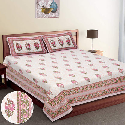 108/108 Hastkala 100% Cotton Jumbo Size Double Bedsheet with 2 Pillow Covers, Traditional Craft & Premium Comfort - HLB69