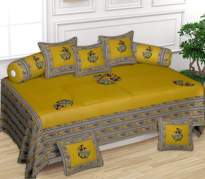 Patch Work 100% Cotton Deewan Set (1 Bedsheet + 2 Bolster Covers + 5 Cushion Covers), Handcrafted & Soft Fabric - HLB02