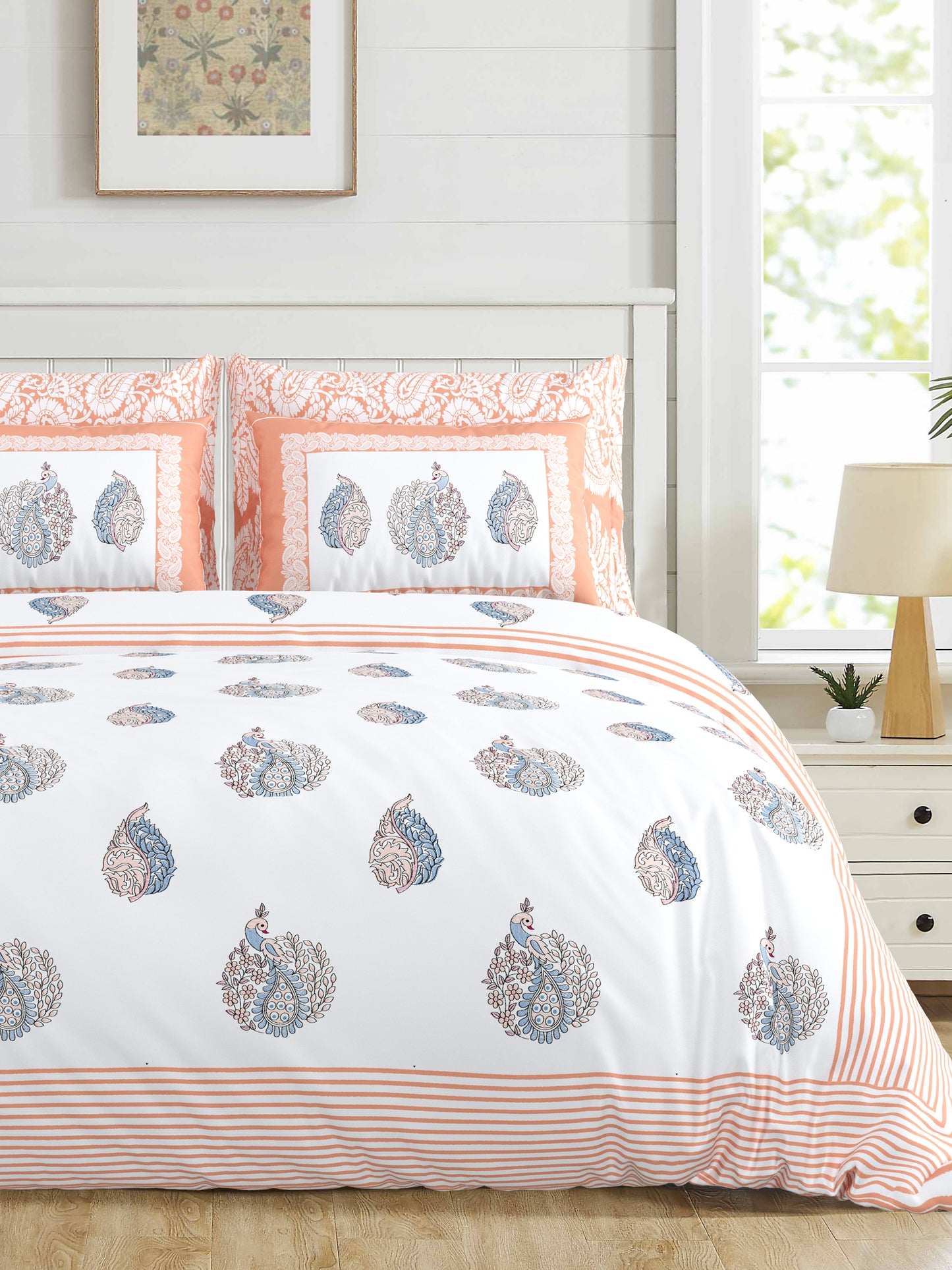 108/108 Real Handblock 100% Cotton Jumbo Size Double Bedsheet with 2 Pillow Covers, Authentic Craft & Soft Fabric - HLB74
