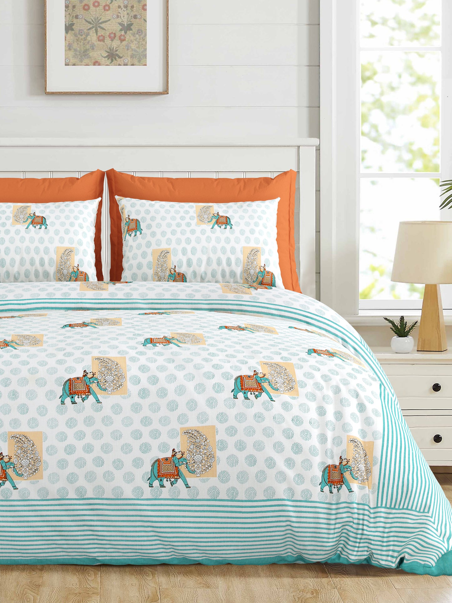 108/108 Real Handblock 100% Cotton Jumbo Size Double Bedsheet with 2 Pillow Covers, Authentic Craft & Soft Fabric - HLB74
