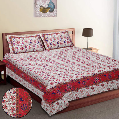 108/108 Suzani Print 100% Cotton Jumbo Size Double Bedsheet with 2 Pillow Covers, Stunning Handcrafted Look - HLB73