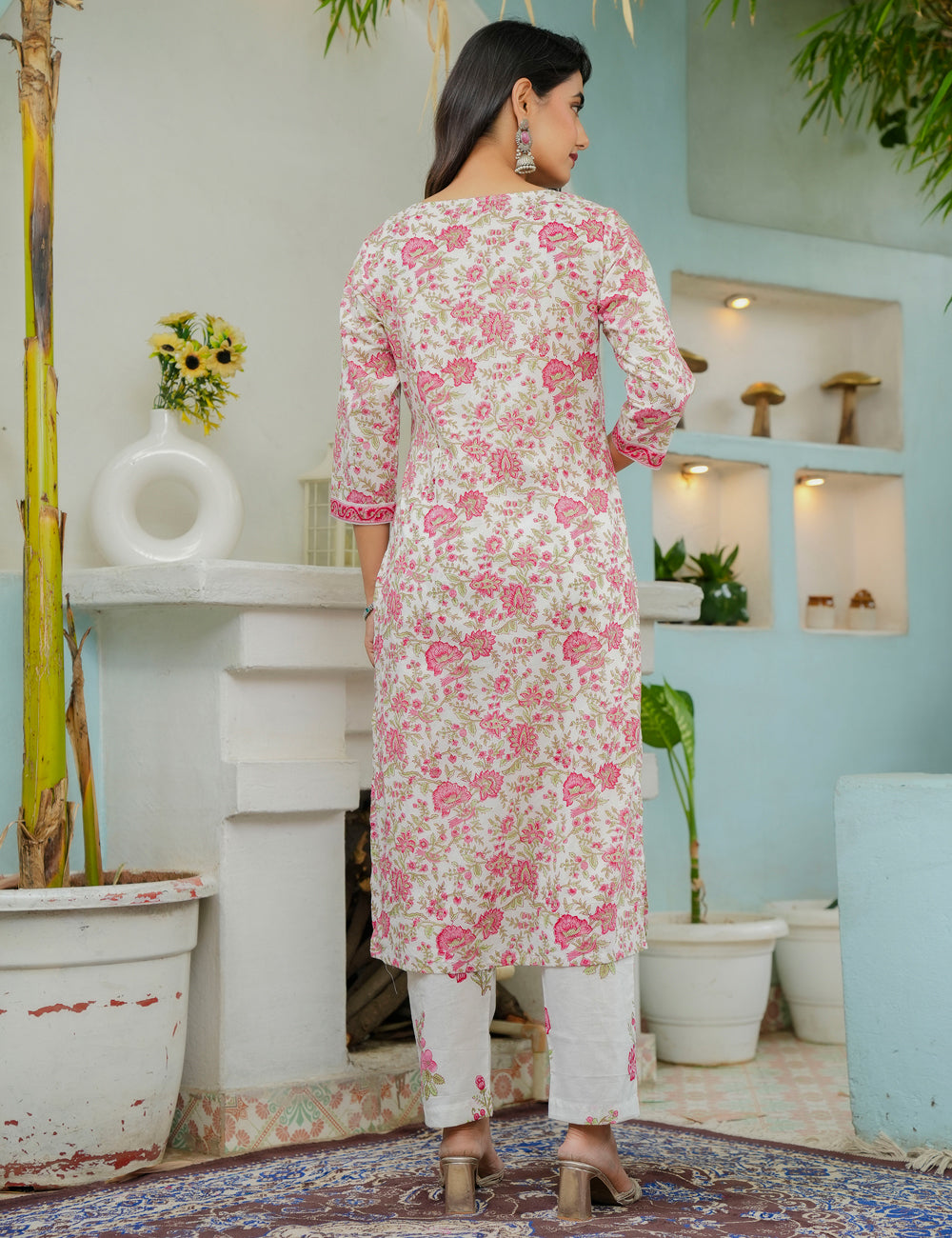 Hand Block Printed Floral Cotton Kurta Set with Kota Doria Dupatta - HL00