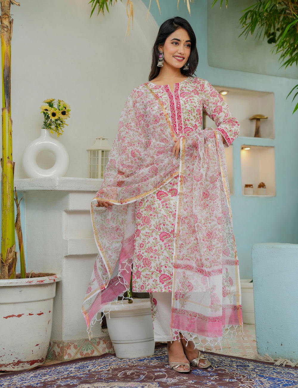 Hand Block Printed Floral Cotton Kurta Set with Kota Doria Dupatta - HL00