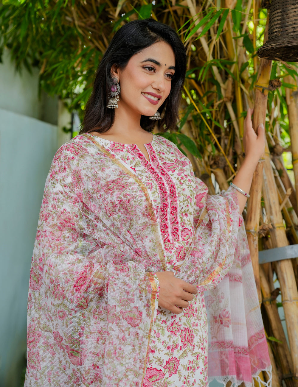 Hand Block Printed Floral Cotton Kurta Set with Kota Doria Dupatta - HL00