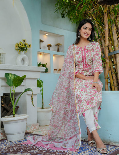 Hand Block Printed Floral Cotton Kurta Set with Kota Doria Dupatta - HL00