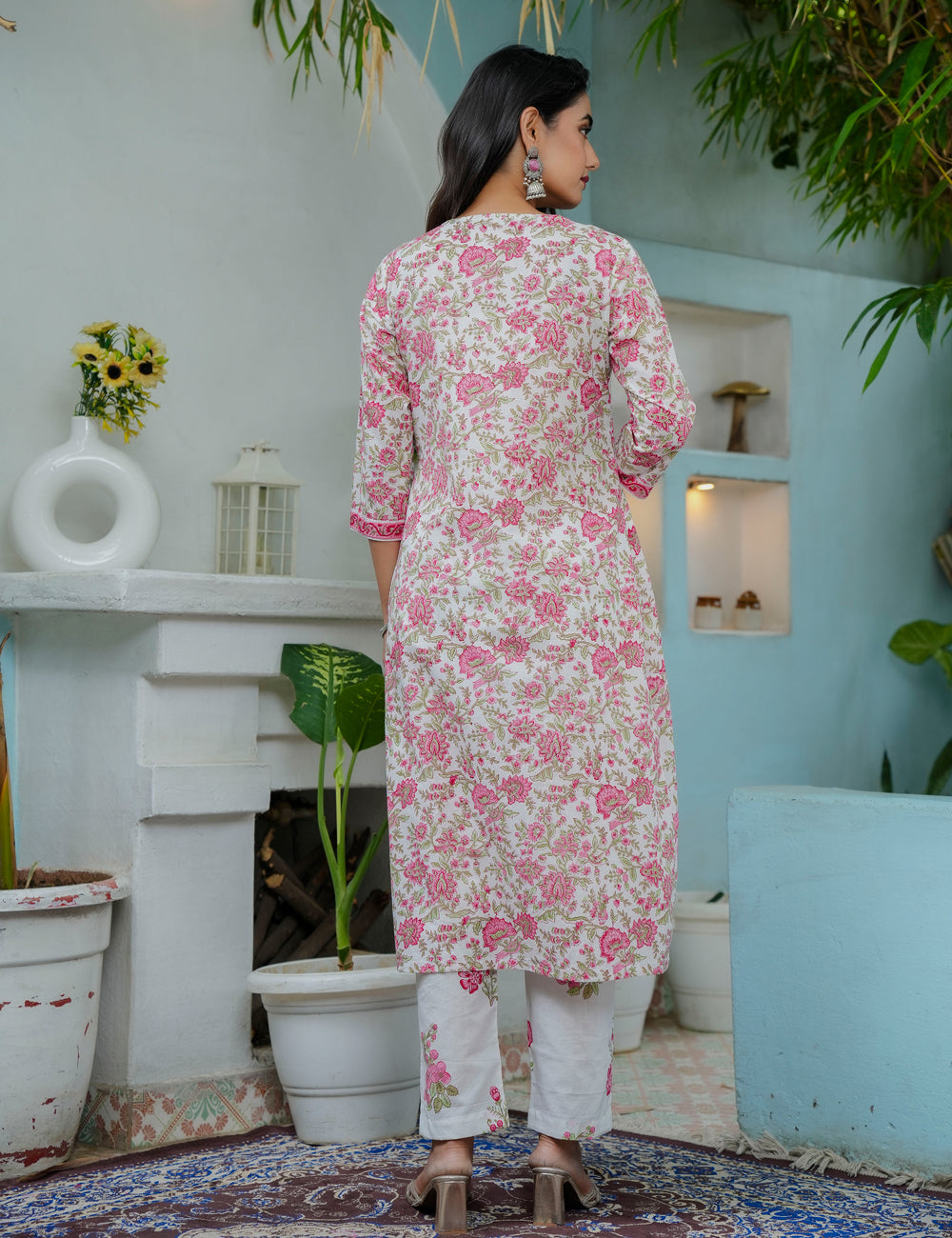 Hand Block Floral Angrakha Cotton Kurta Set with Kota Doria Dupatta - HL01