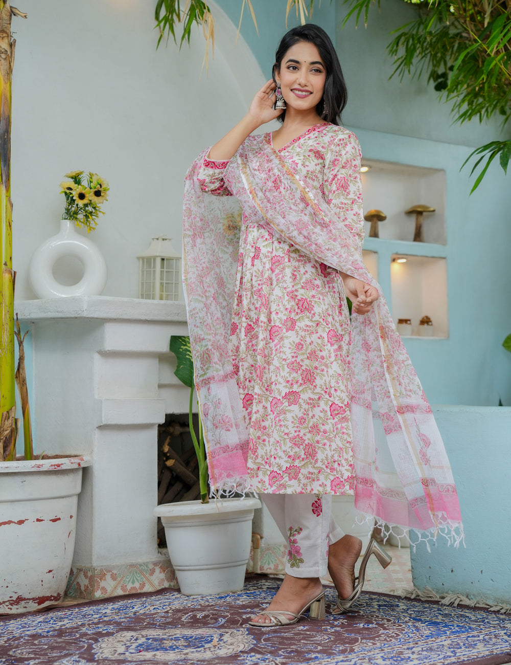Hand Block Floral Angrakha Cotton Kurta Set with Kota Doria Dupatta - HL01