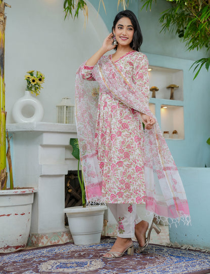 Hand Block Floral Angrakha Cotton Kurta Set with Kota Doria Dupatta - HL01