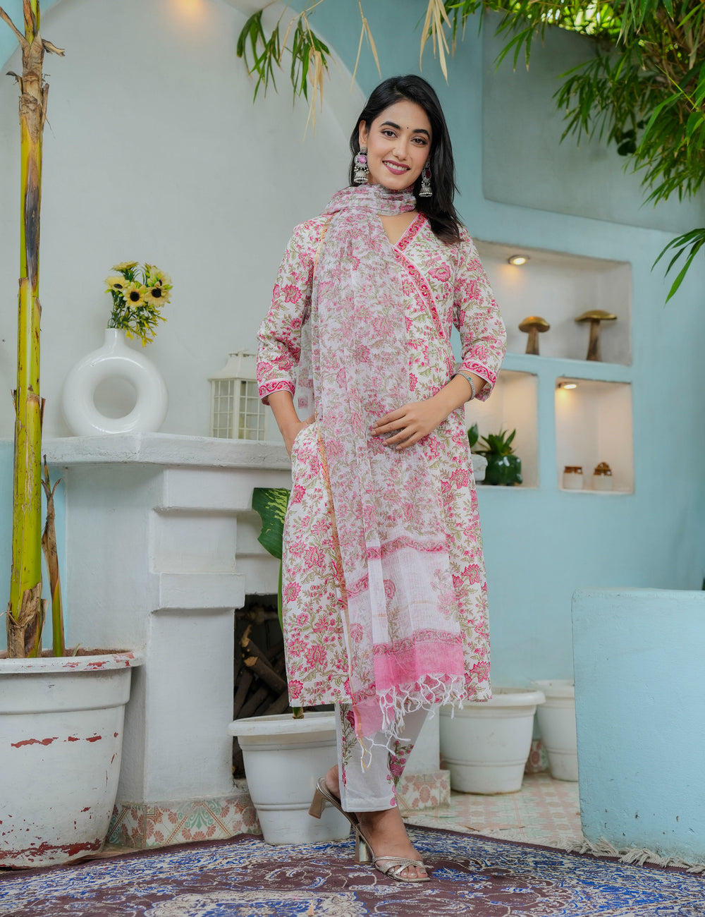 Hand Block Floral Angrakha Cotton Kurta Set with Kota Doria Dupatta - HL01