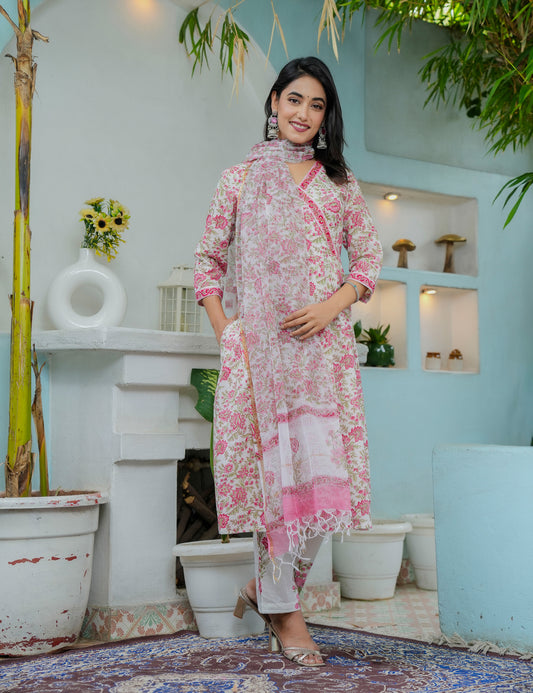 Hand Block Floral Angrakha Cotton Kurta Set with Kota Doria Dupatta - HL01
