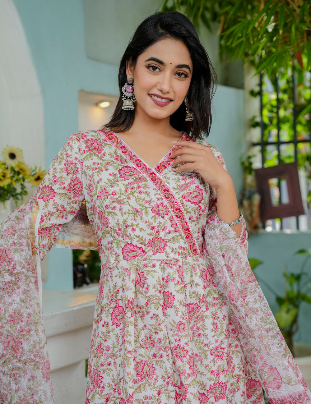 Hand Block Floral Angrakha Cotton Kurta Set with Kota Doria Dupatta - HL01