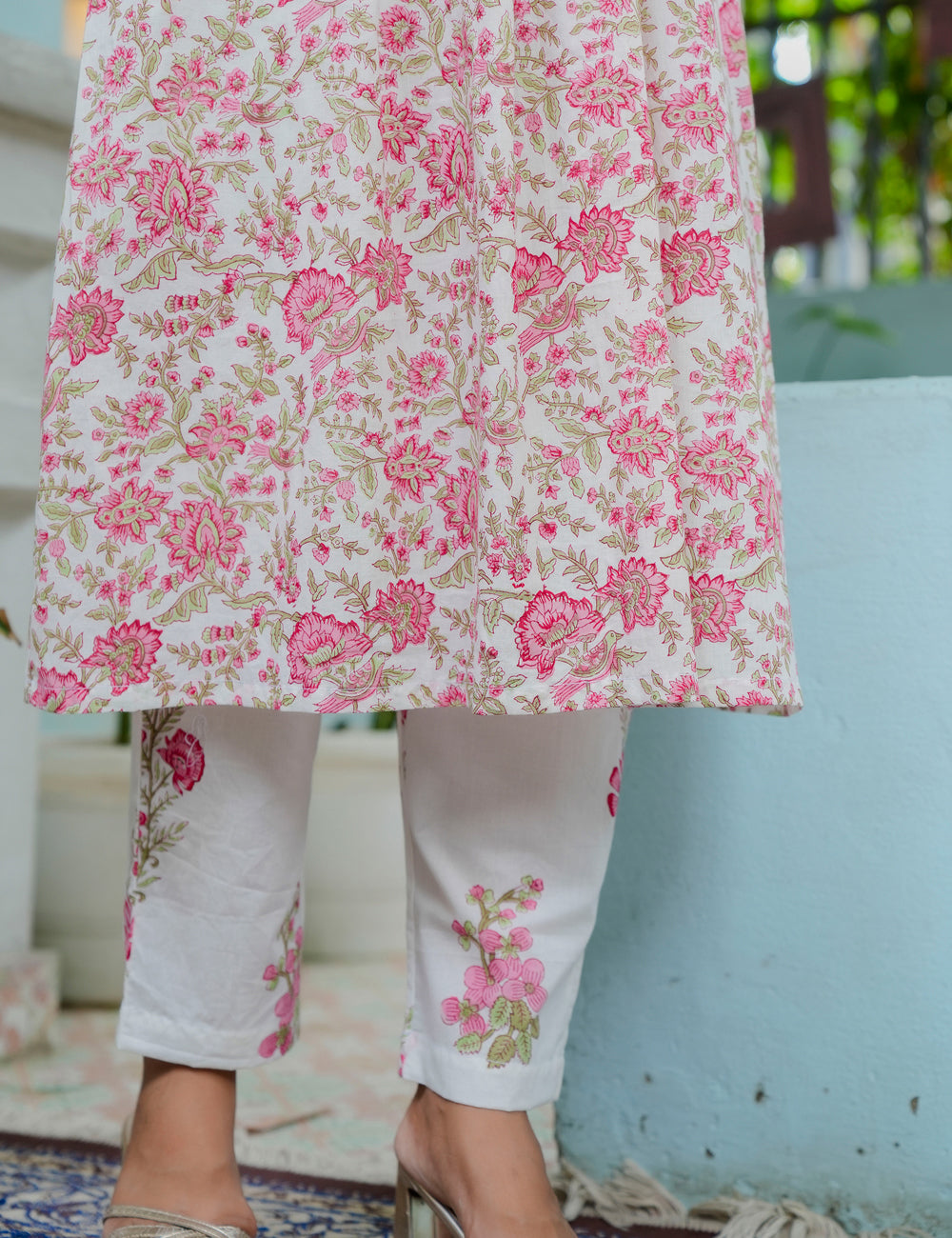 Hand Block Floral Angrakha Cotton Kurta Set with Kota Doria Dupatta - HL01