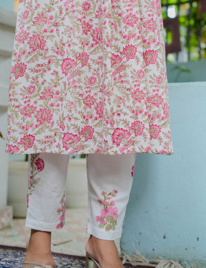 Hand Block Floral Angrakha Cotton Kurta Set with Kota Doria Dupatta - HL01