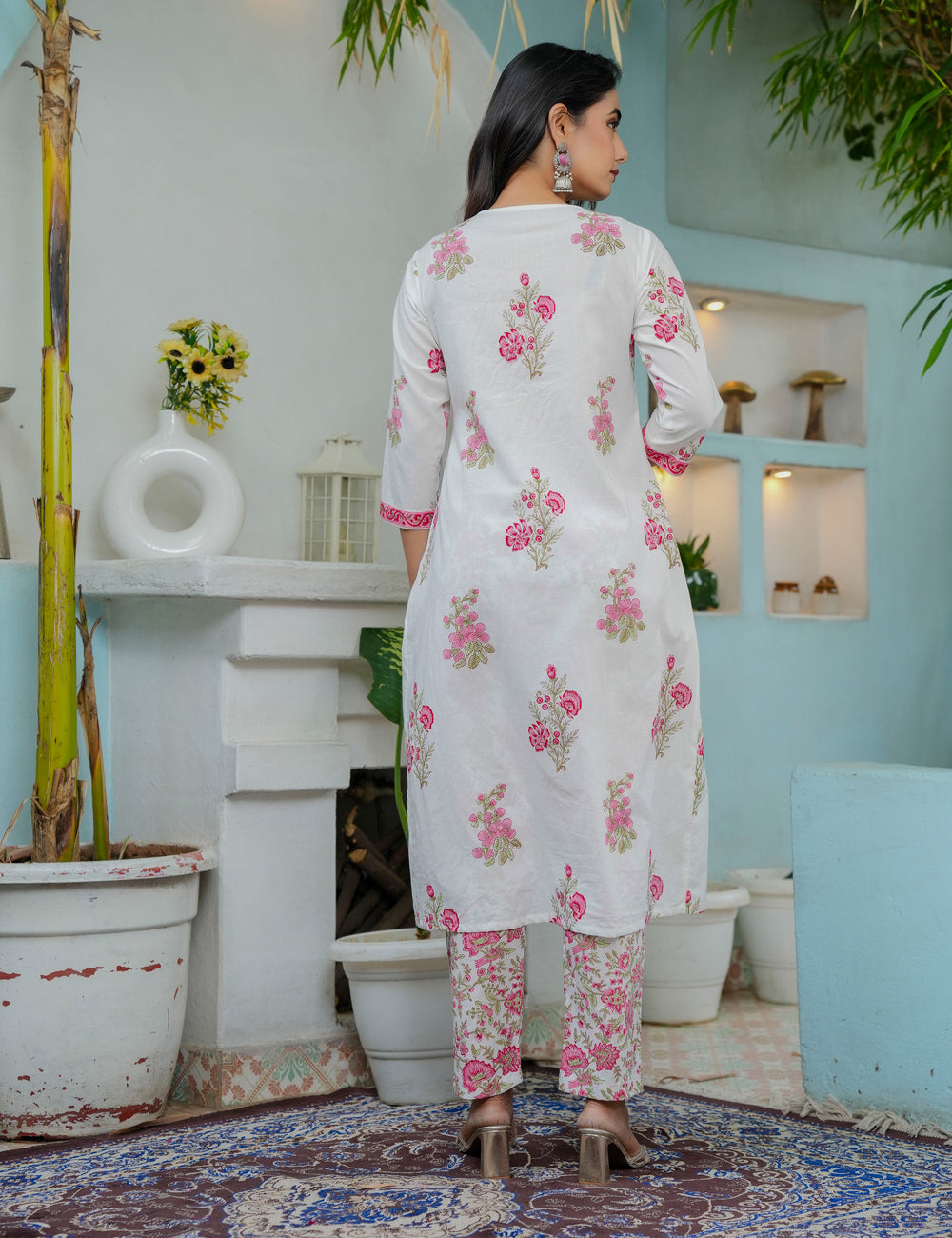 Hand Block Elegant Floral Print A-Line Kurta Set with Kota Doria Dupatta  - HL02
