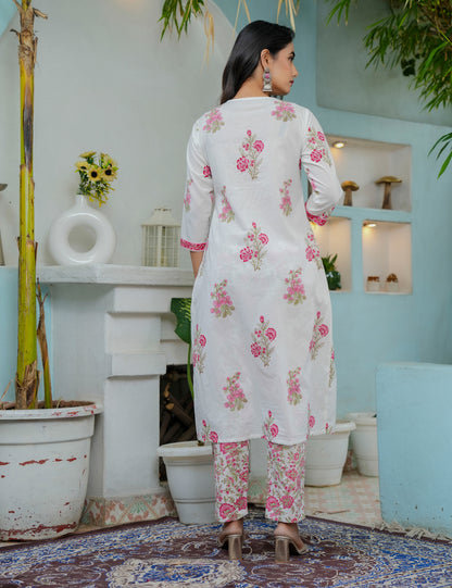 Hand Block Elegant Floral Print A-Line Kurta Set with Kota Doria Dupatta  - HL02
