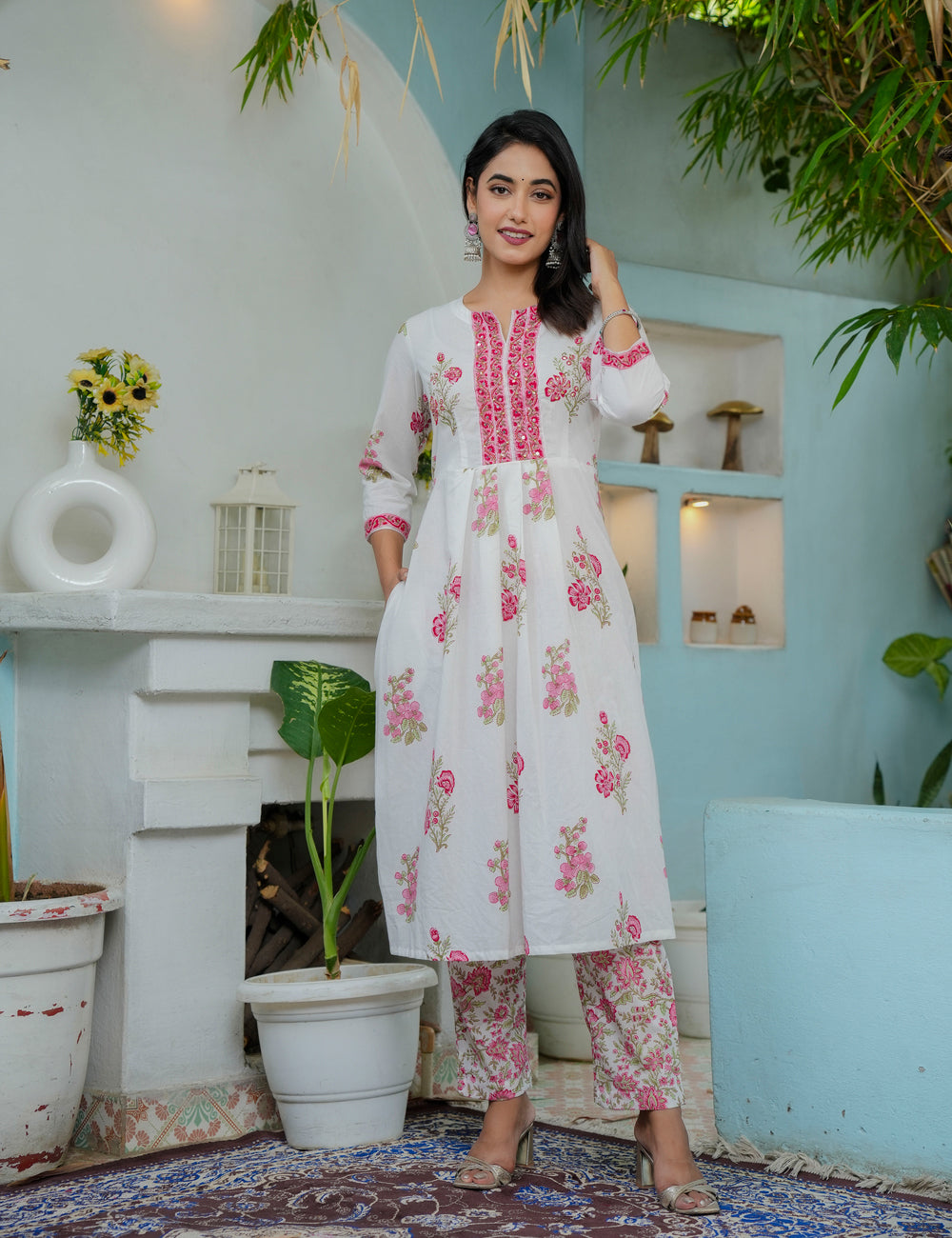 Hand Block Elegant Floral Print A-Line Kurta Set with Kota Doria Dupatta  - HL02