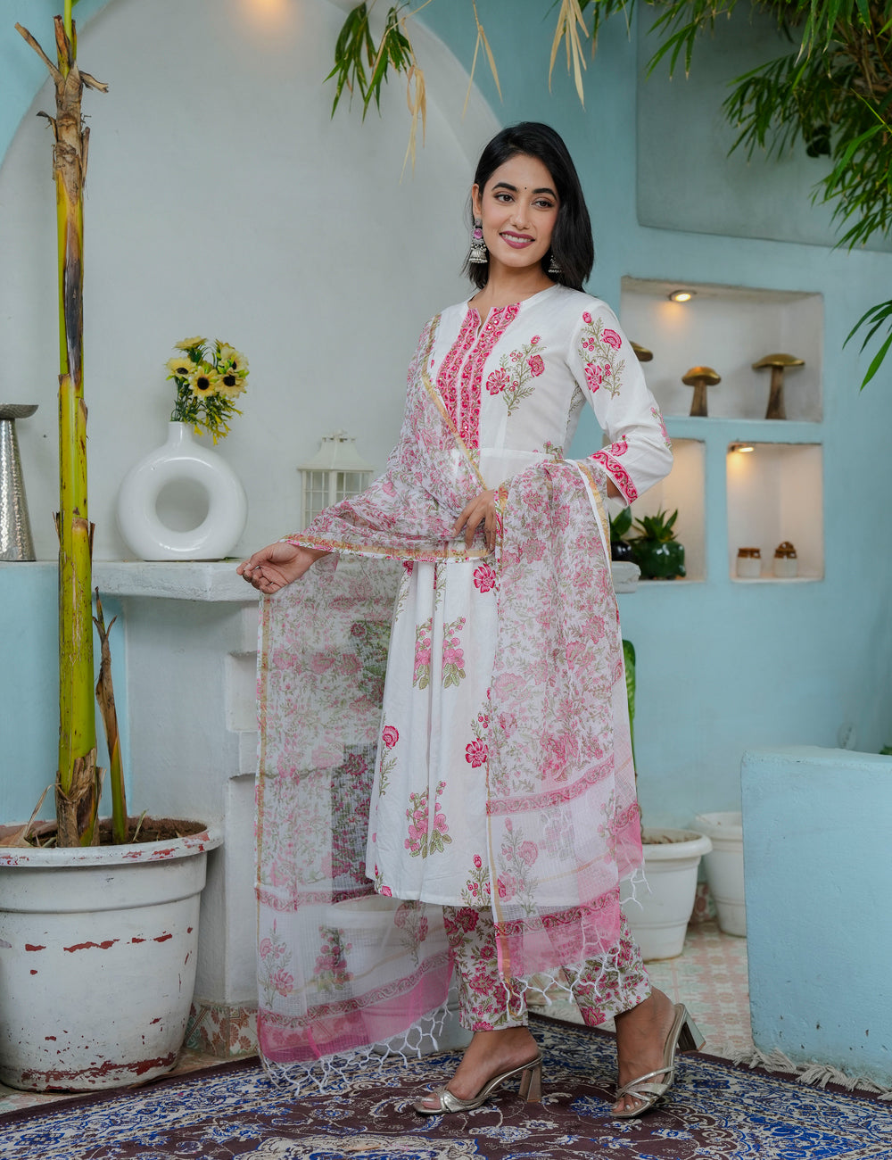Hand Block Elegant Floral Print A-Line Kurta Set with Kota Doria Dupatta  - HL02