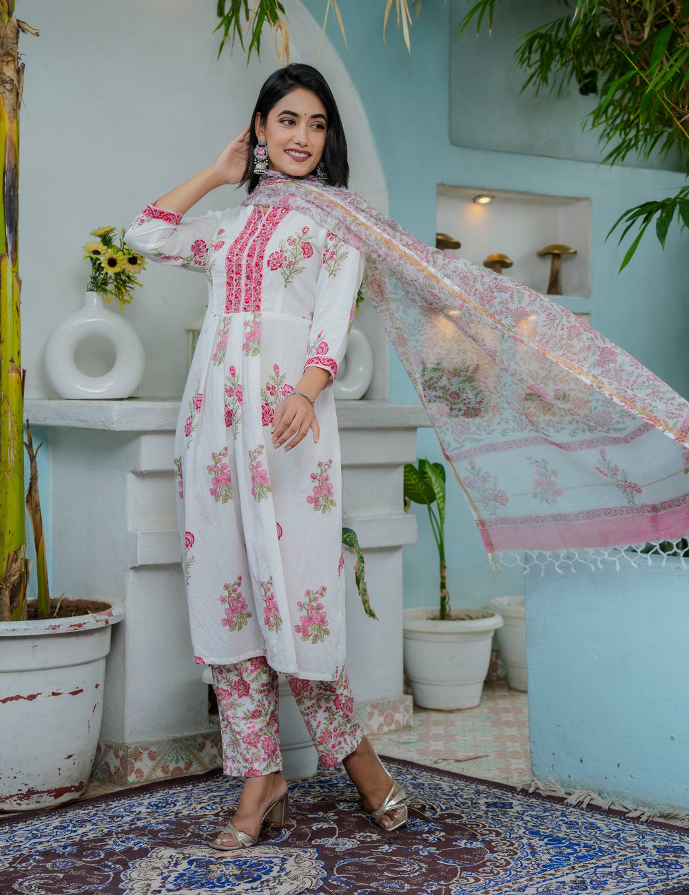 Hand Block Elegant Floral Print A-Line Kurta Set with Kota Doria Dupatta  - HL02