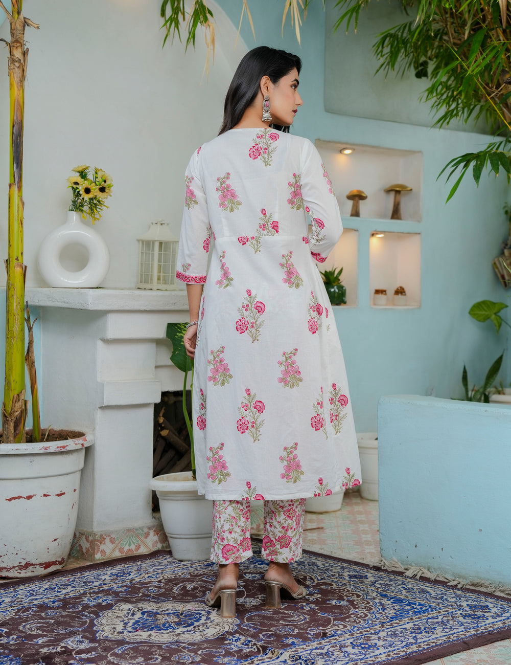 Hand Block Pink Aura V-neck Cotton Kurta Set with Kota Doria Dupatta  - HL03