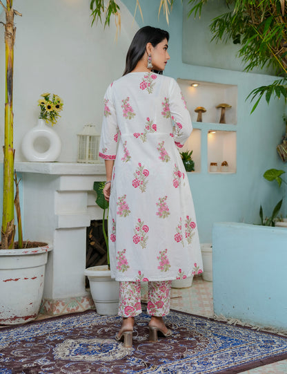 Hand Block Pink Aura V-neck Cotton Kurta Set with Kota Doria Dupatta  - HL03
