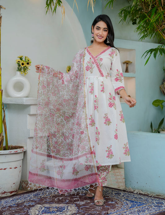 Hand Block Pink Aura V-neck Cotton Kurta Set with Kota Doria Dupatta  - HL03