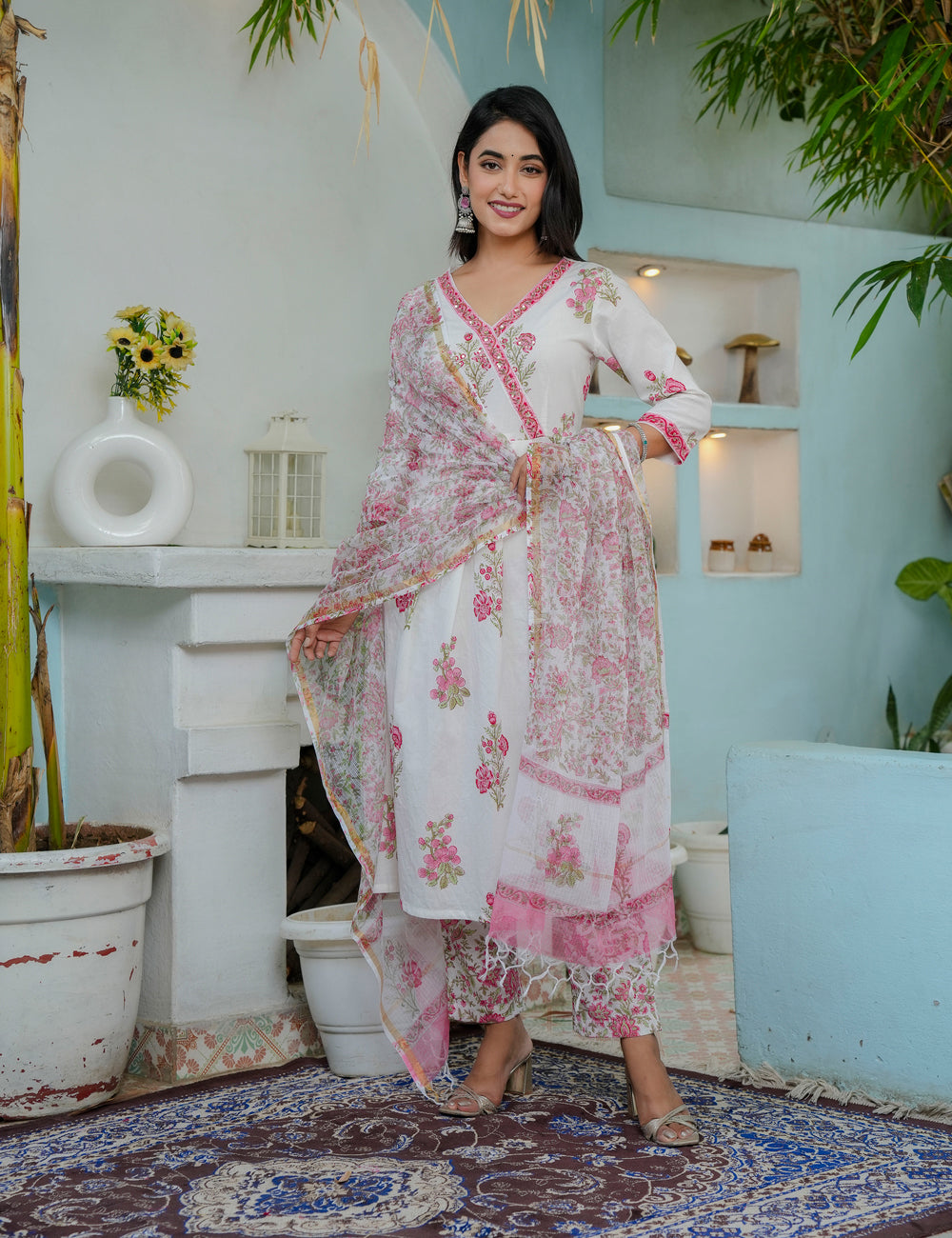 Hand Block Pink Aura V-neck Cotton Kurta Set with Kota Doria Dupatta  - HL03