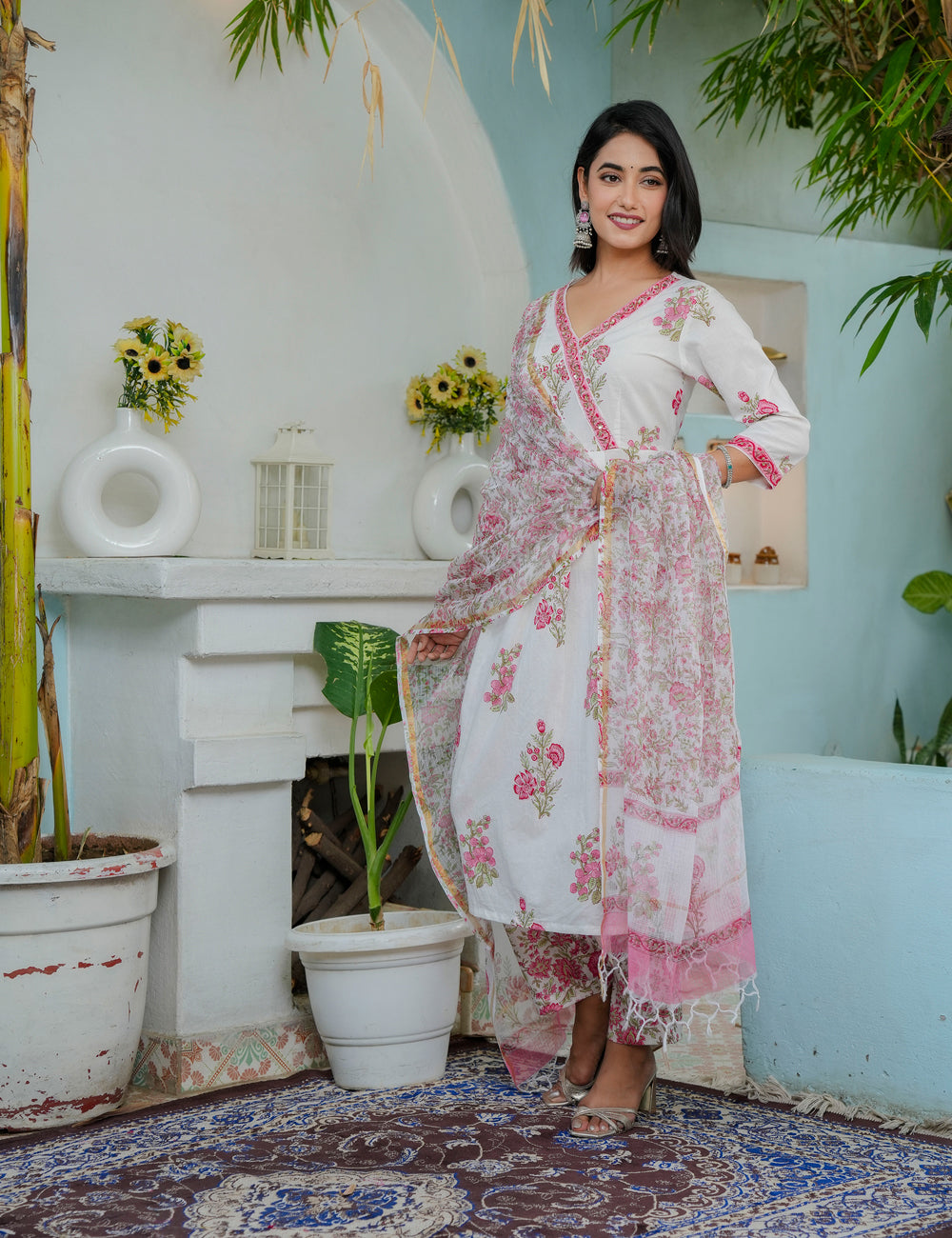 Hand Block Pink Aura V-neck Cotton Kurta Set with Kota Doria Dupatta  - HL03
