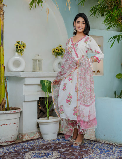 Hand Block Pink Aura V-neck Cotton Kurta Set with Kota Doria Dupatta  - HL03