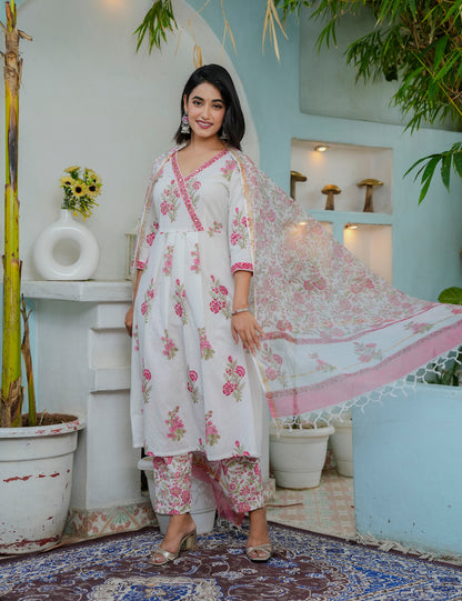 Hand Block Pink Aura V-neck Cotton Kurta Set with Kota Doria Dupatta  - HL03