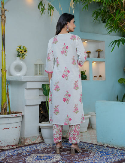 Hand Block Women Cotton Pink V-neck Kurta Set with Kota Doria Dupatta  - HL04