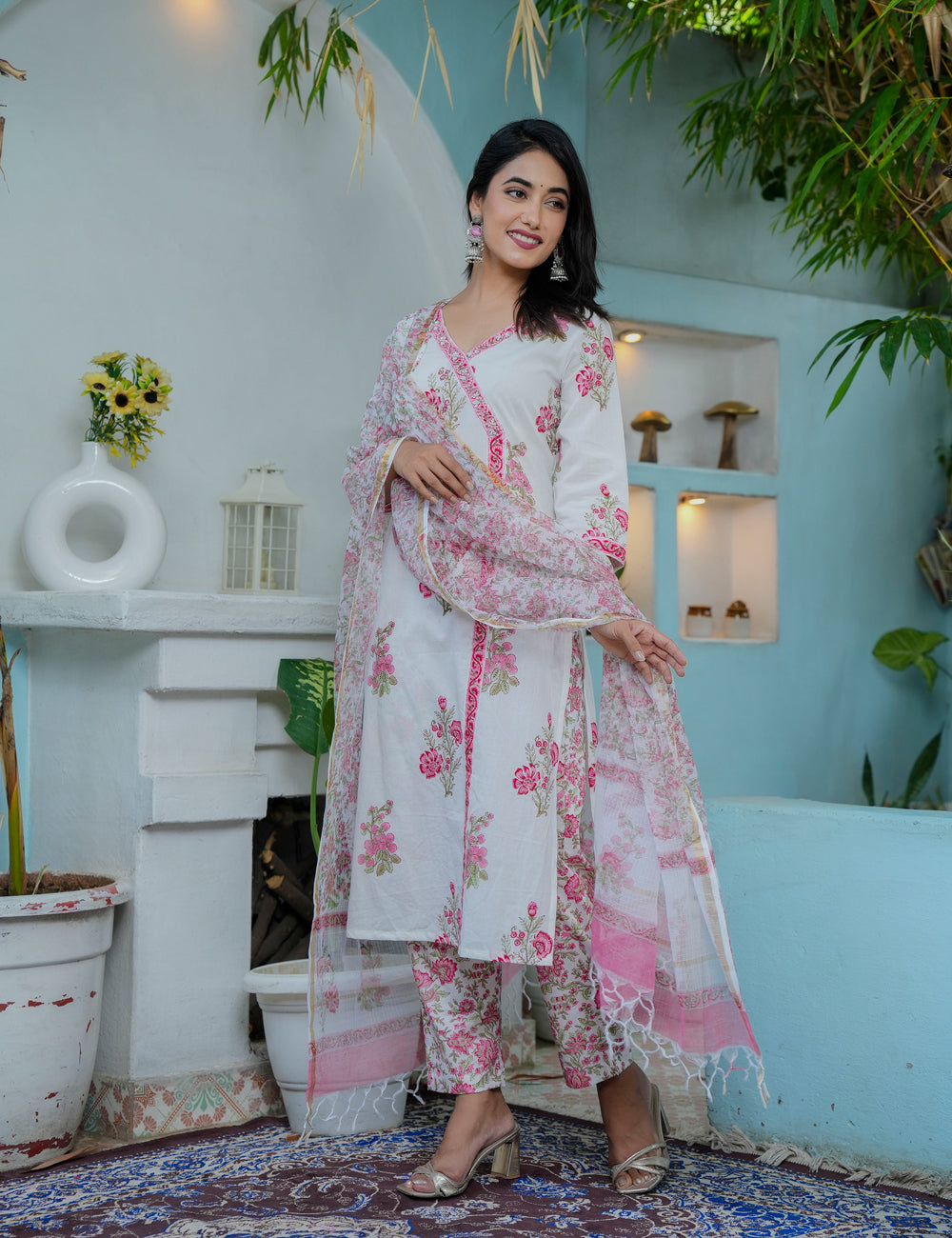Hand Block Women Cotton Pink V-neck Kurta Set with Kota Doria Dupatta  - HL04