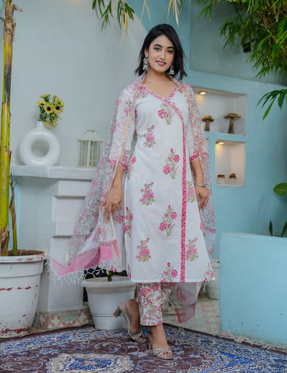 Hand Block Women Cotton Pink V-neck Kurta Set with Kota Doria Dupatta  - HL04