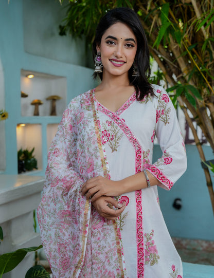 Hand Block Women Cotton Pink V-neck Kurta Set with Kota Doria Dupatta  - HL04