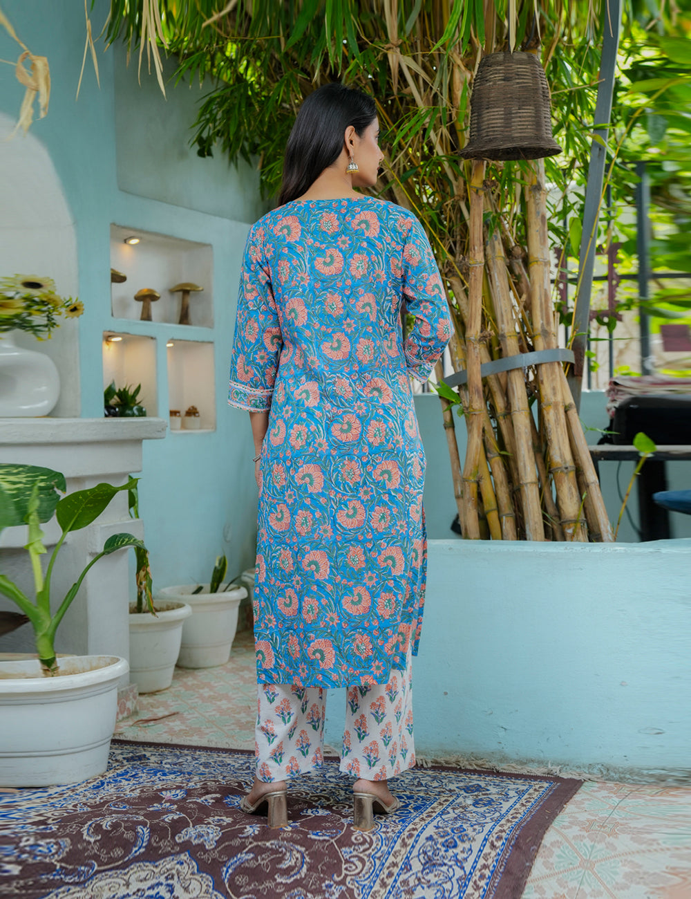 Hand Block Ivory Blush Straight cut Kurta Set with Kota Doria Dupatta  - HL05