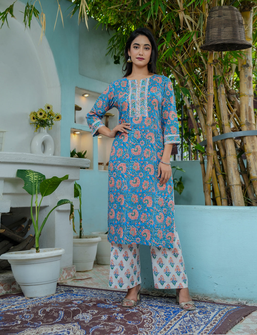 Hand Block Ivory Blush Straight cut Kurta Set with Kota Doria Dupatta  - HL05