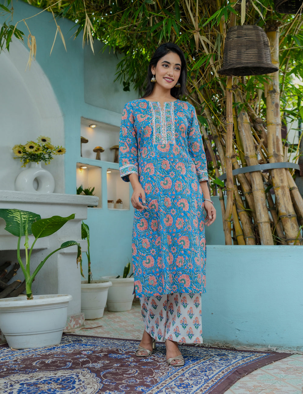 Hand Block Ivory Blush Straight cut Kurta Set with Kota Doria Dupatta  - HL05