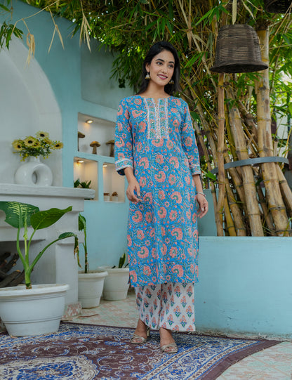 Hand Block Ivory Blush Straight cut Kurta Set with Kota Doria Dupatta  - HL05