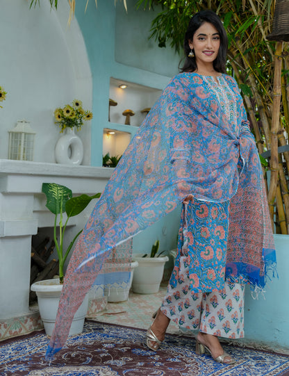 Hand Block Ivory Blush Straight cut Kurta Set with Kota Doria Dupatta  - HL05