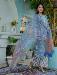 Hand Block Ivory Blush Straight cut Kurta Set with Kota Doria Dupatta  - HL05